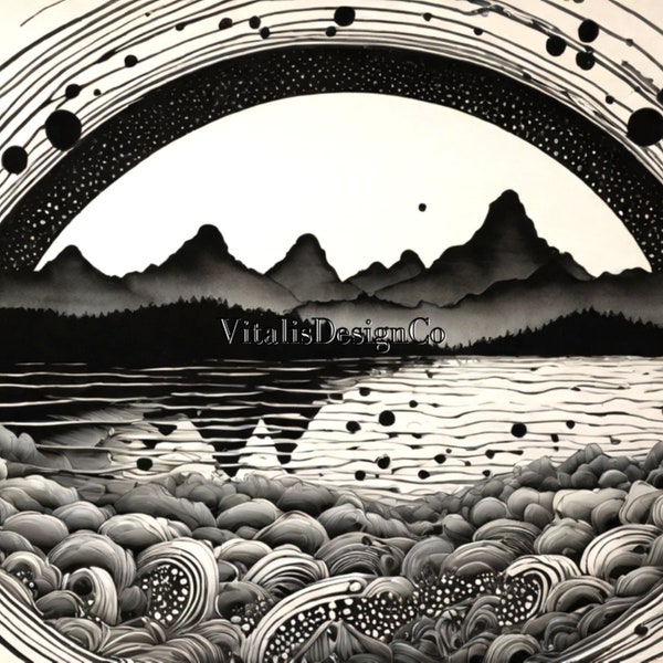 Arch-framed Mountain Lake Landscape | Black White | Pen and Ink-style Series | AI-generated Art Print | AI Artwork | Digital Download Only