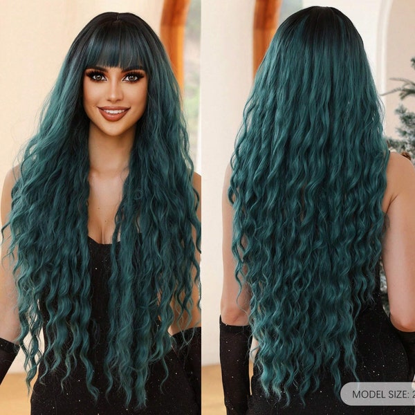 Fashionable Long Wavy 28inch Green Wig With Bangs.Synthetic Hair Elegant Casual Heat-Resisting Party Daily Use