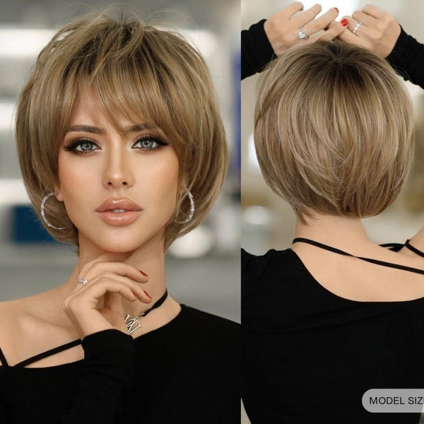 Pixie Cut Layered Short Blonde Brown Wig With Bangs Straight Synthetic Hair Blonde Pixie Cut Wigs For White Women Daily Party 10 Inch