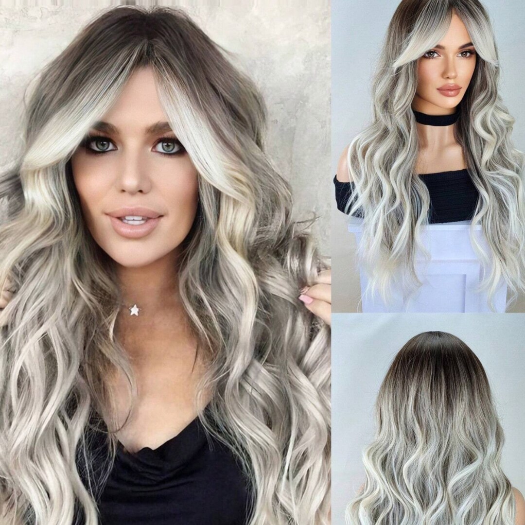 Gray Wigs for Women Long Ombre Brown Grey Curly Wig With Air Bangs Dark ...