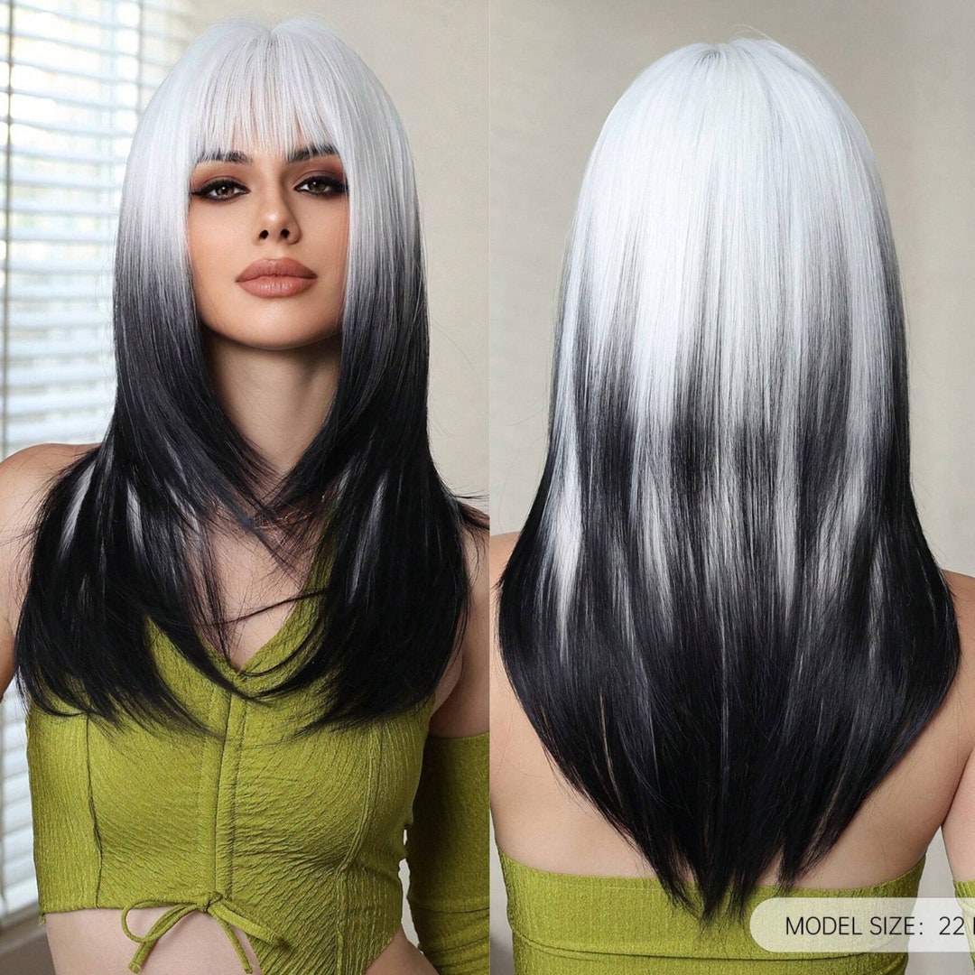 22 Inch Black White Ombre Synthetic Wigs With Bangs Fashion Personality Wig for Women Daily