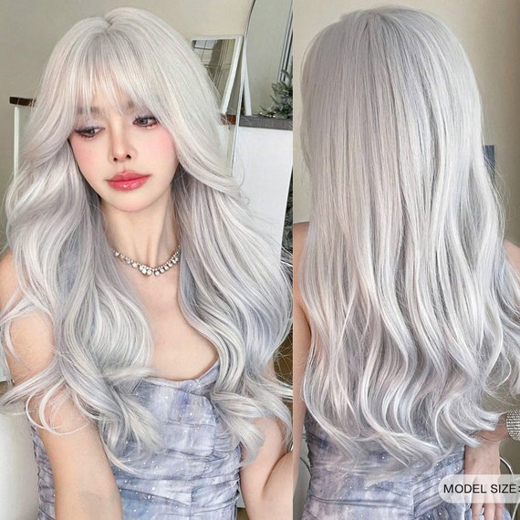 Long Silver Blue Wig With Bangs Wave Curly Natural Looking Fluffy Hair Wig Syntheict Heat Resistant Fiber Hair Wigs for Women Daily Party Etsy Canada