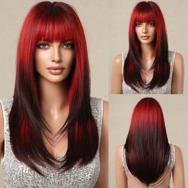 Long Straight Layered Wig With Bangs, Gradient Red To Black Wig, Heat-Resistant Fiber, Natural Synthetic Wig