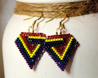 Handmade beaded rainbow geometric earrings