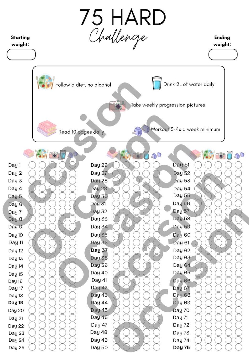 75 Hard Tracker Digital Template | Printable Checklist Challenge Habit ...