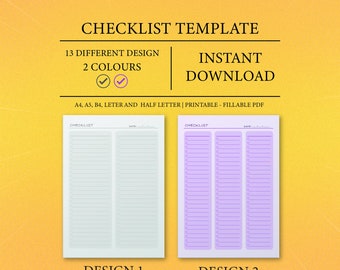 13 leere Checklisten Designs in 2 verschiedenen Farben zum ausfüllen oder ausdrucken, 5 verschiedene Seitengrößen, einfache Checkliste, sofortiger Download PDF