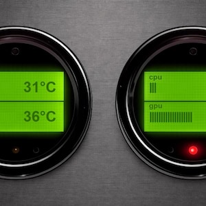 May include: Two black circular gauges with green displays showing CPU and GPU usage and temperature. The left gauge shows 31°C and 36°C, while the right shows 11% and 95%. A red light is lit on the right gauge.