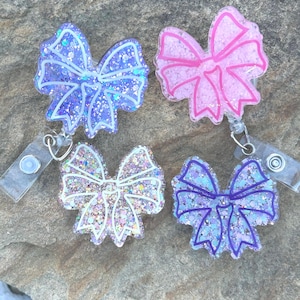 Blingy Coquette Bow Badge Reel | Sparkly Retractable Nurse ID Holder | Girly Badge Clip | Cute Work Badge Accessory | Trendy Gift For Her