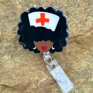 Stylish Brown Nurse - Retractable badge reel | black nurse badge reel | curly hair reel | melanin ID Holder | black nurse reel | RN face