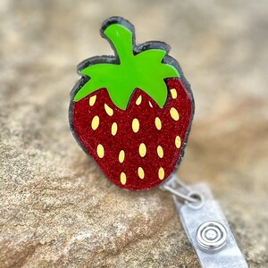Sparkly Strawberry Badge Reel | Retractable Alligator Clip ID Holder