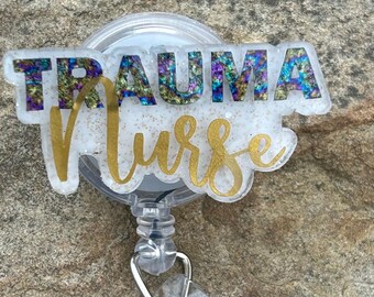 Trauma Nurse Badge Reel: White & Gold Glitter, Retractable ID Holder