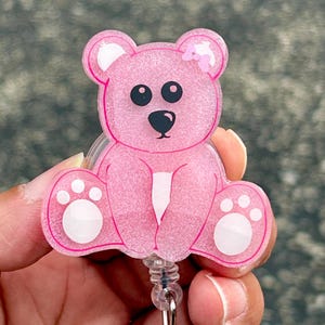 Pink Teddy Bear Badge Reel: Alligator Clip ID Holder