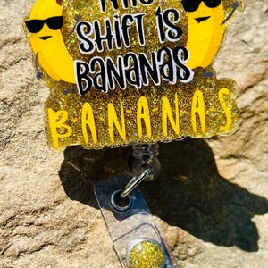 Funny &quot;This Shift Is Bananas&quot; Retractable Badge Reel: Gold Glitter Nurse ID Holder