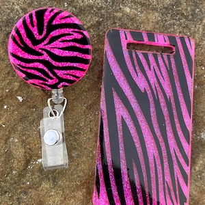 Unique, Hot Pink Glitter- Zebra print Retractable Badge Reel & Buddy Set | Personalized Gift | Nurse Badge Reel | Animal pattern ID Holder