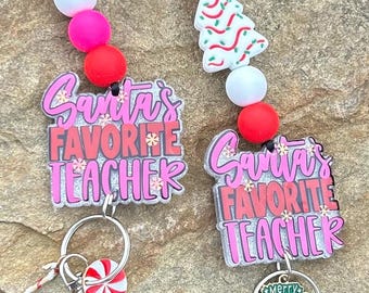 Santa’s Favorite Teacher Lanyard | Festive ID Holder | Christmas Teacher Gift |Classroom Style | Beaded Breakaway Lanyard for Holidays