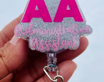 AA Glitter Badge Reel: Pink Administrative Assistant Retractable ID Holder