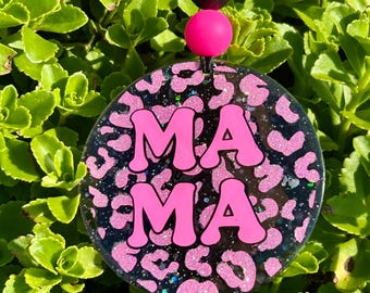 Custom Mama Car Charm | Cute Pink & Black Cheetah Print Sparkly Glitter | Beaded| Personalized Car Accessory | Gift for Her | Mom Life Decor