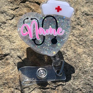 Personalized Glitter Heart Nurse Badge Reel: Stethoscope & Nurse Cap