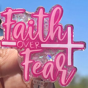 Sparkly Pink Glitter Faith Over Fear Badge Reel, Handmade Christian Nurse Scrub Accessory