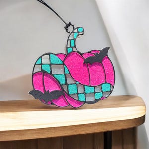 Pink Pumpkin Car Freshie: Teal Checker, Black Bats - Halloween Aroma Bead Charm