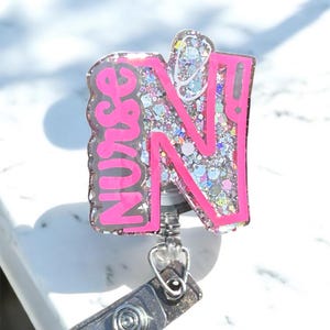 Monogram Nurse Badge Reel | Glitter ID Holder for RN & LPN | Cute Pink Gray Retractable Alligator Clip for Nurses | Gifts for Healthcare