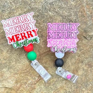 Festive Merry Christmas Badge Reel |  Retractable Nurse ID Holder | Holiday Alligator Clip | Cute Teacher Gift | Colorful Office Staff Reel