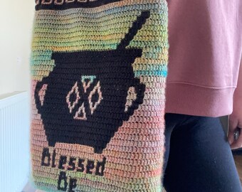 Blessed Be Witch's Cauldron Shoulder Tote Bag - Statement Piece - One Of A Kind Unique Handmade Mosaic Crochet Wiccan Theme - Gift for Witch