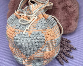 Gingham Heart Drawstring Backpack - Unique Mosaic Crochet Cotton Bag - Spring - Summer - Lined - Gift for Student - Handmade - Peach & Grey
