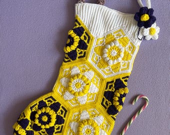 Unique Boho Crochet Christmas Stocking – Handmade in 100% Cotton with Floral Hexagon Motifs in White, Yellow & Purple – One of a Kind