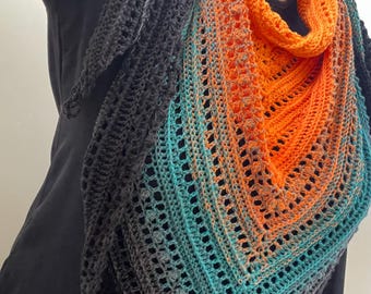 Secret Paths Shawl  - Handmade - Cotton - Summer Fashion - Alternative - Cover up - Gift - Ready to Ship - Orange/Green/Black