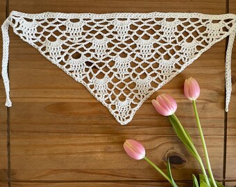 Boho Crochet Headscarf, Lace Bandana, Cotton Hair Scarf, Festival Head Wrap, Gothic Bohemian Headpiece
