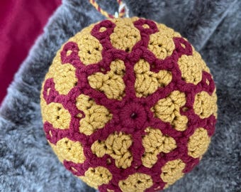 Handmade Overlay Mosaic Crochet Christmas Bauble – Large Mustard & Burgundy Tree Ornament – Ready to Ship – UK Seller – Holiday Décor
