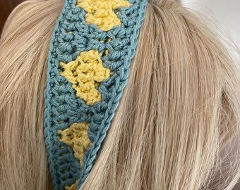 Lemon Hearts Tie Headband - Spring - Summer - Festival - Cute Adult Hair Accessory - Cotton / Bamboo / Linen - Handmade Mosaic Crochet