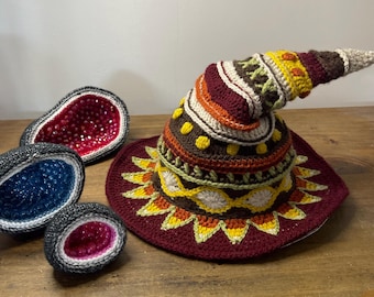 Handmade Crochet Autumn Witch Hat | Wired Brim | Cottagecore Halloween Hat | Woodland Witch Cosplay