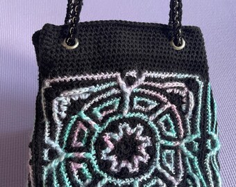 Alternative Crochet Handbag – Intricate Geometric Black Bag with Soft Hues, Gothic Witchcore – Dark Boho  One of a Kind, Unique Accessory