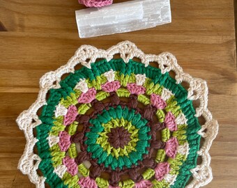 Mini Mushrooms Mandala Handmade Crochet Cotton Mug Rug - Plant Pot Mat - Bedroom Dressing Table Protector Mat - Home Decor - Housewarming
