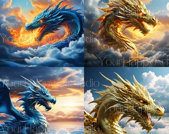 Digitaler Drache, Feuerdrache, Wasserdrache, Drache sofort herunterladbare Tapete, Digital Download Poster, herunterladbare Fantasy Kunst