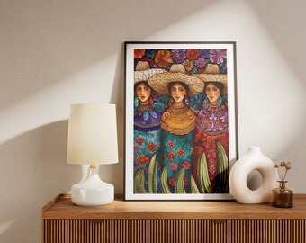 Mexican Print Poster: Mexican women, Authentic Cultural from Mexico, Fiest, Day of the Dead Inspired Print - Unique Folk Artwork