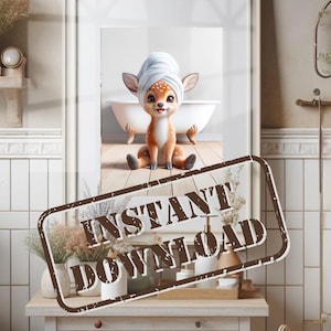 Wet Deer Bathroom Print, Funny Cabin Wall Art, Country Bathroom Decor, Instant Download, Digital Woodland Animal Downloadable Poster