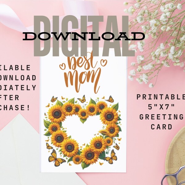 Digital Mother's Day Card: Sunflower Heart Design, Delicate Cottage Core Vibe, Instant Downloadable, 5x7 Frameable Keepsake, Gift for Mom