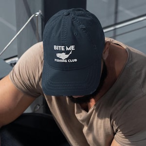Bite Me Fishing Club Hat – Funny Distressed Dad Hat, Vintage Fishing Cap for Men, Adjustable Bass Fishing Hat, Fisherman Gift for Him