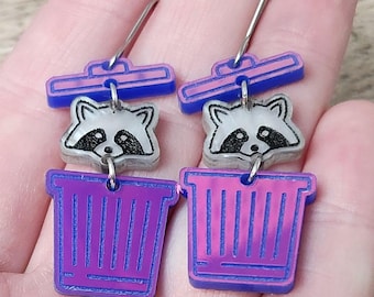 Funky Raccoon Trash Can Acrylic Earrings | Weird Maximalist Jewelry Statement Laser Cut Funny Handmade Quirky Laser Engraved Original Design