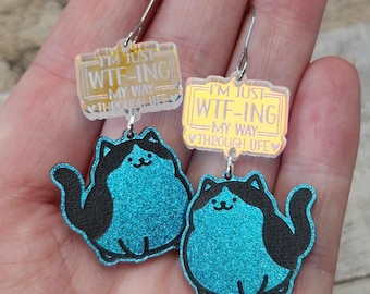 WTF Cat Acrylic Earrings: Handmade Quirky Statement Jewelry