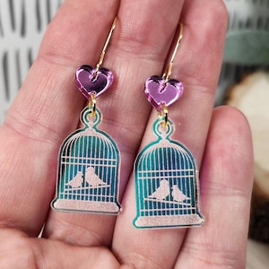 Lovebirds Cage Acrylic Earrings: Iridescent Heart Valentine&#39;s Gift