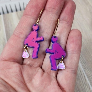 Funny Weird Iridescent Person Pooping Earrings | Whimsical Fun Laser Cut Acrylic Statement Earrings | Laser Engraved Birthday Gift for Her