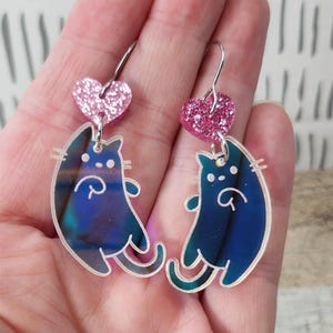 Iridescent Kawaii Cat Earrings: Handmade Acrylic Laser Cut Animal Earrings