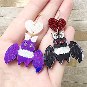 Cute Cryptid Mothman Acrylic Earrings | Weird Earrings Kawaii Monster Earrings Unique Gothic Halloween Earrings | Fun Handmade Gift for Her