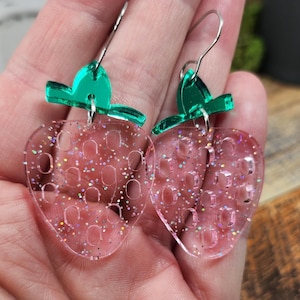 Kawaii Strawberry Earrings: Pink Iridescent Glitter Acrylic, Laser Cut