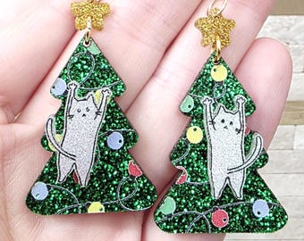 Christmas Tree Cat Acrylic Earrings: Funny Holiday Statement Jewelry