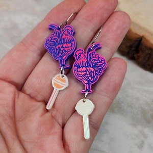Funny Rooster Acrylic Earrings: Iridescent Laser Cut Novelty